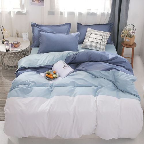 纯色被单简约蓝白条纹四件套床上用品单人双人床单被套一件代发